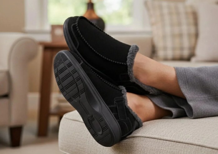 Man Sitting On Couch Wearing Orthofeet Vito Men's Slipper in Black