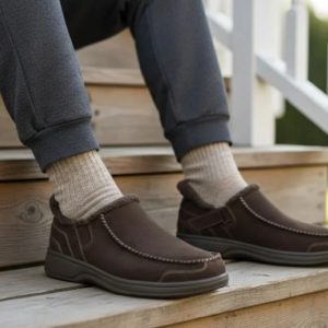 Man Wearing Orthofeet Vito Slipper in Chocolate Outside