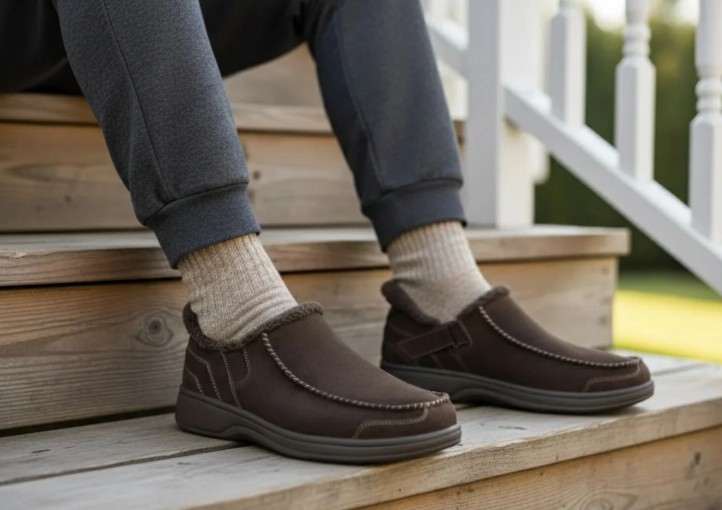 Man Wearing Orthofeet Vito Slipper in Chocolate Outside