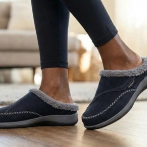 Woman Wearing Orthofeet Charlotte Slipper in Black