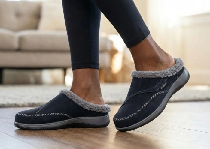 Woman Wearing Orthofeet Charlotte Slipper in Black