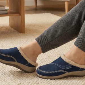 Woman Wearing Orthofeet Charlotte Slipper in Sapphire