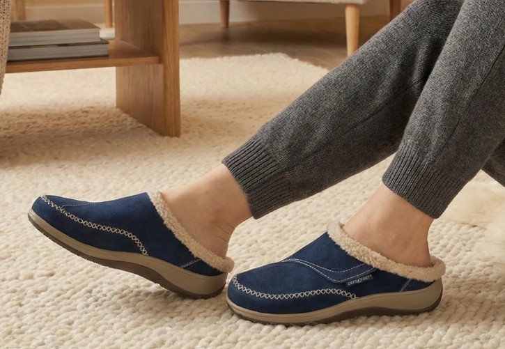 Woman Wearing Orthofeet Charlotte Slipper in Sapphire